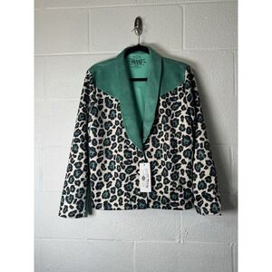 Crazy Train Wanderer Blazer Leopard Print Teal Suede Trim Size M NWT